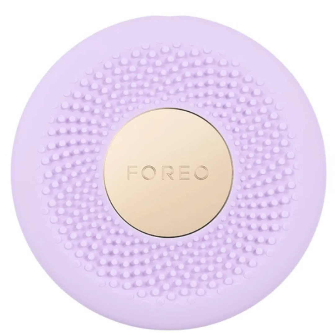 Purple silicone device with gold 'FOREO' logo on a white background