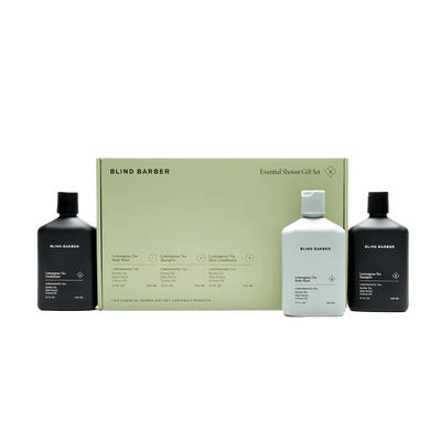 Blind Barber essential shower gift set with three bottles on a white background