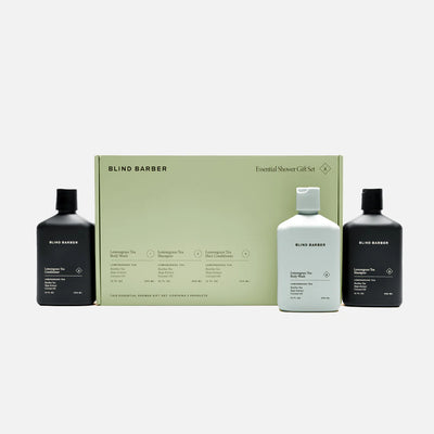 Blind Barber essential shower gift set with three bottles on a white background