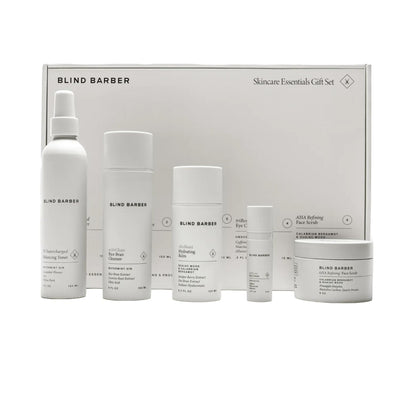 Blind Barber skincare products including bottles and jars on a white background