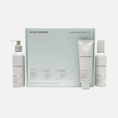 Blind Barber essential shave gift set with three skincare products on a white background