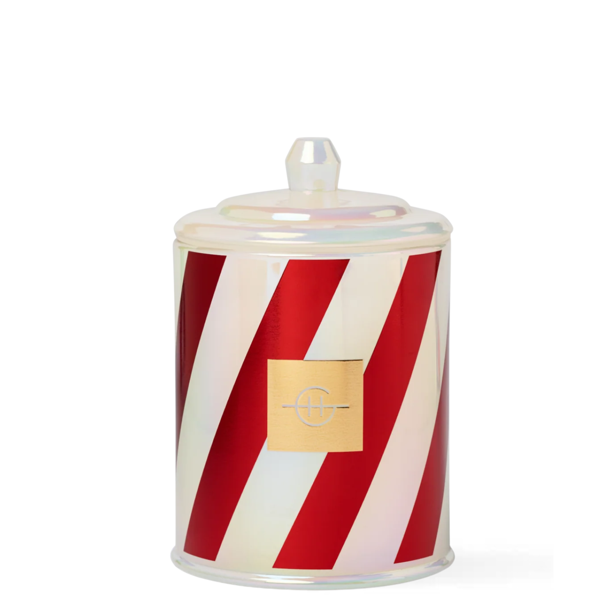 Glasshouse Fragrances Naughty & Nice peppermint candle in a candy-striped vessel.