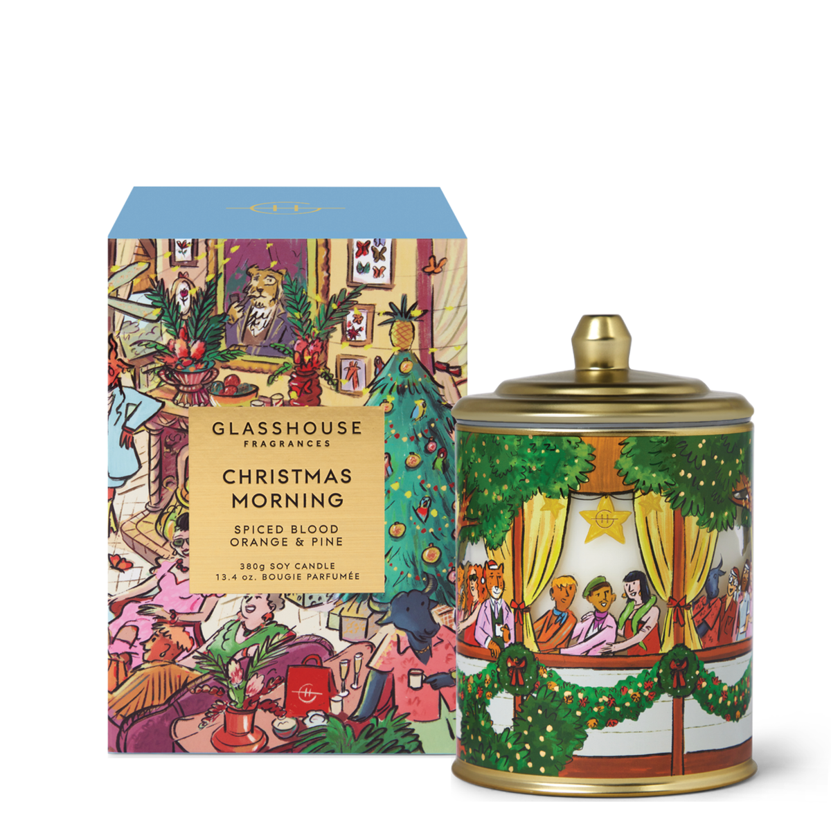 Glasshouse Fragrances Christmas Morning 380 g candle in the Spiced Blood Orange & Pine scent.