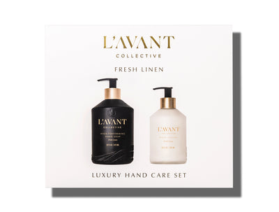 LAVANT Collective luxury hand care set with black and white bottles on a white background