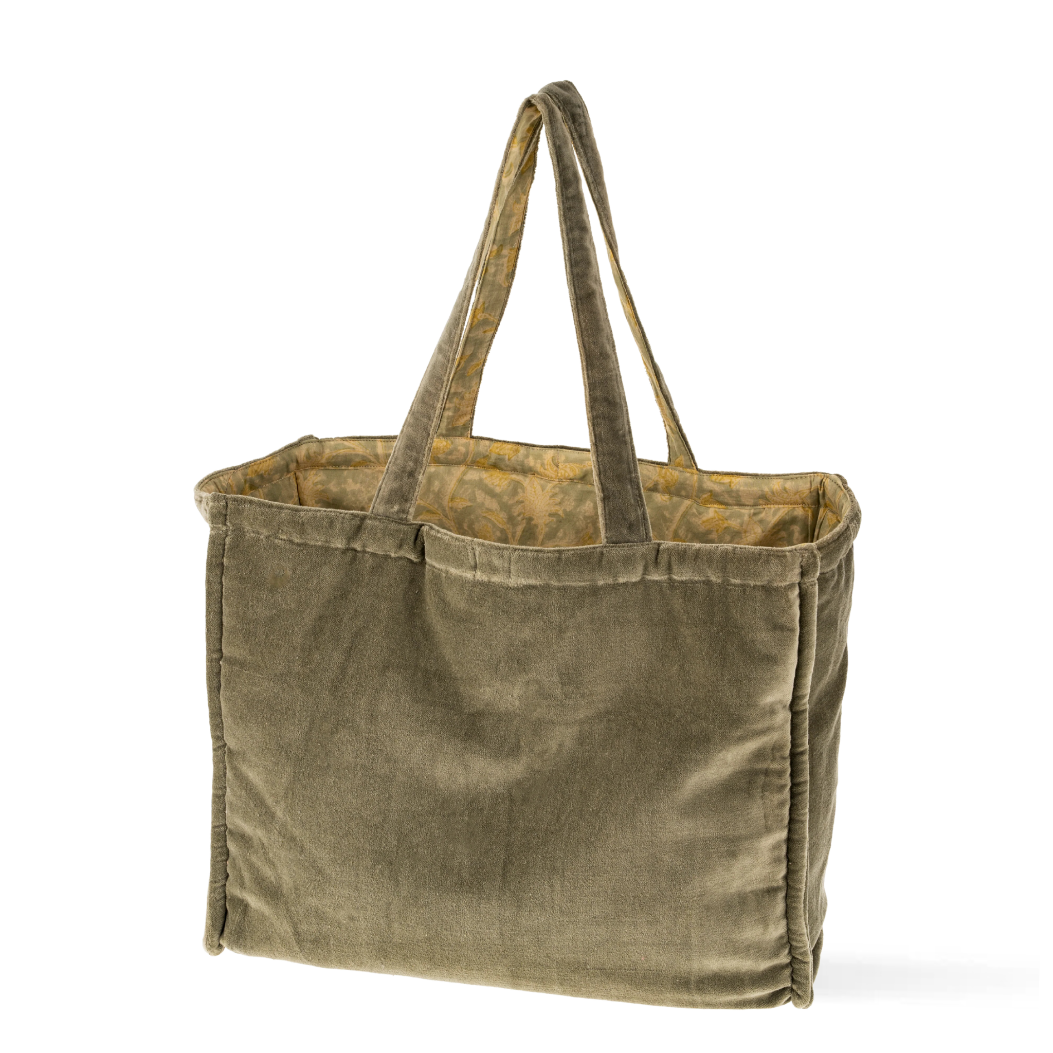 Indaba Block Print Velvet Reversible Tote in cypress green with contrasting printed cotton side