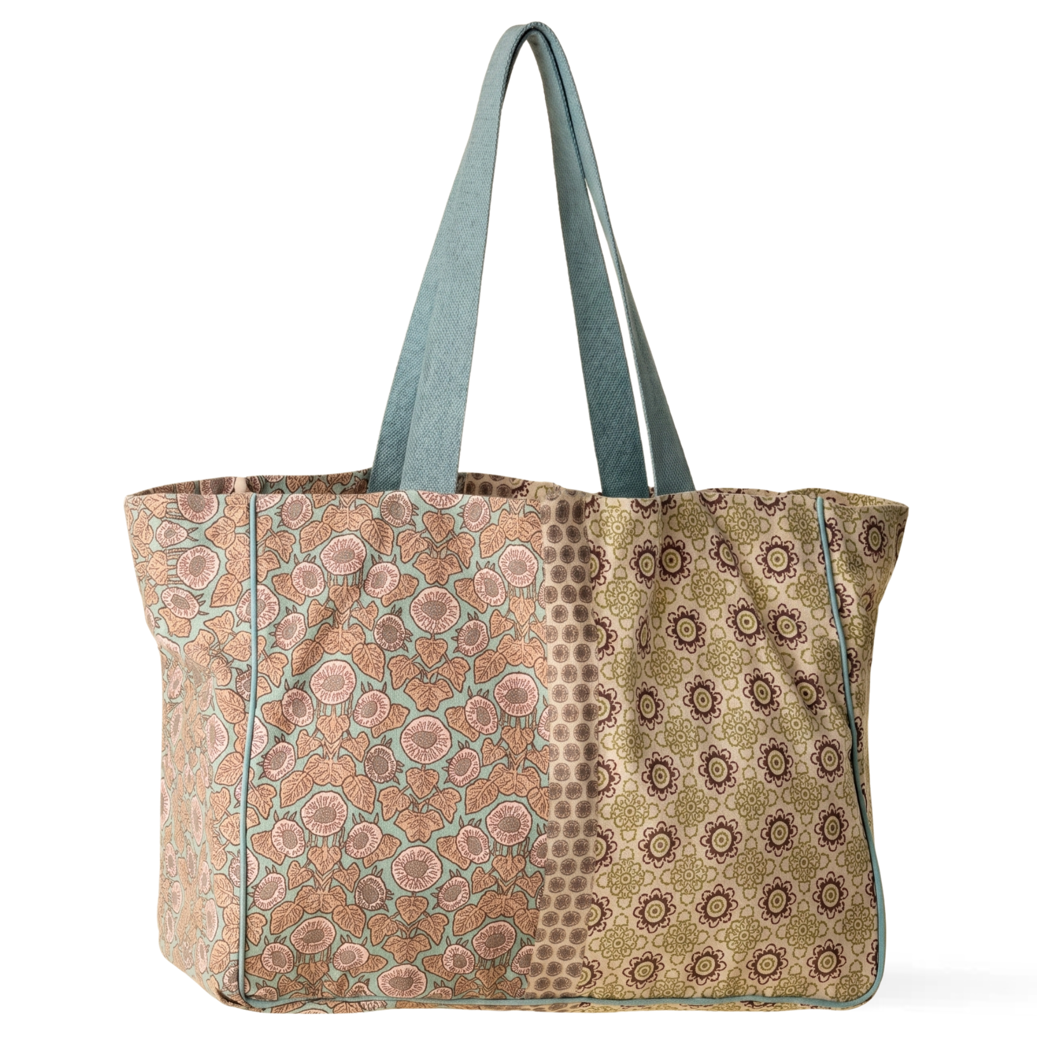 Indaba Cleo cotton market bag in Green with digitally printed patchwork-effect design