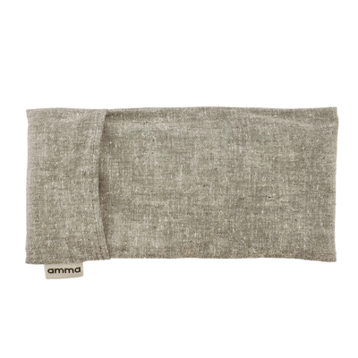 Gray fabric pouch with 'amma' branding on a white background