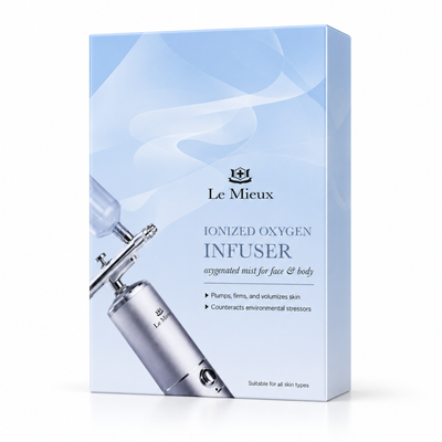 Le Mieux Ionized Oxygen Infuser packaging box in light blue, featuring a graphic of a silver atomizer and product text on a clean white background.