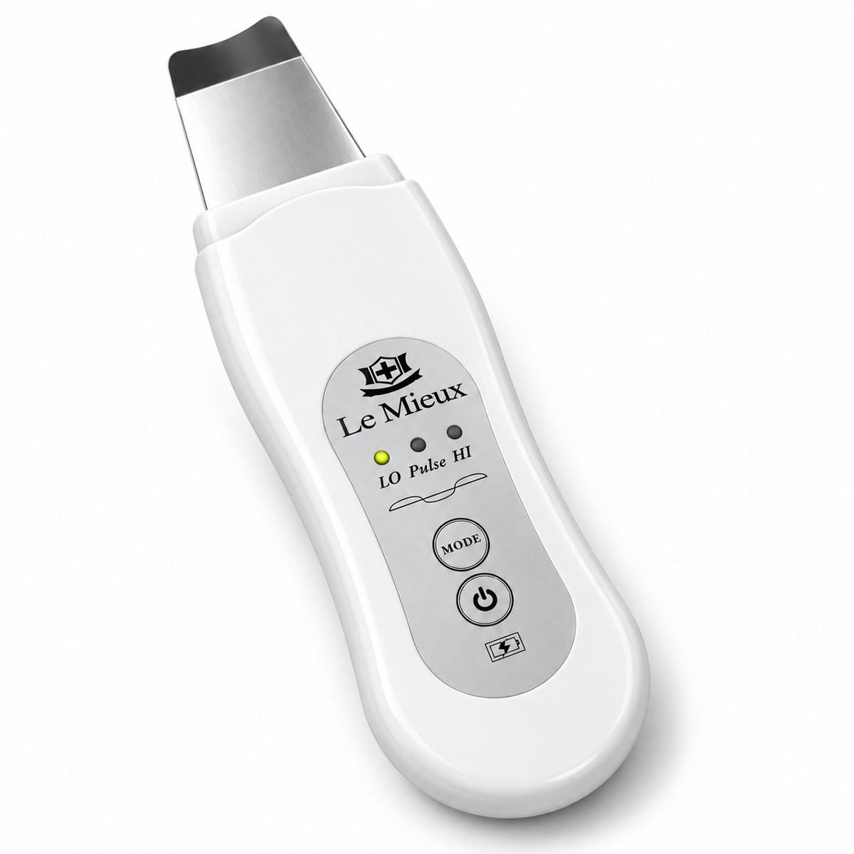 A white and silver Le Mieux LED pulse therapy device with a curved handle, featuring a metallic tip, three buttons, and indicator lights on a clean white background.