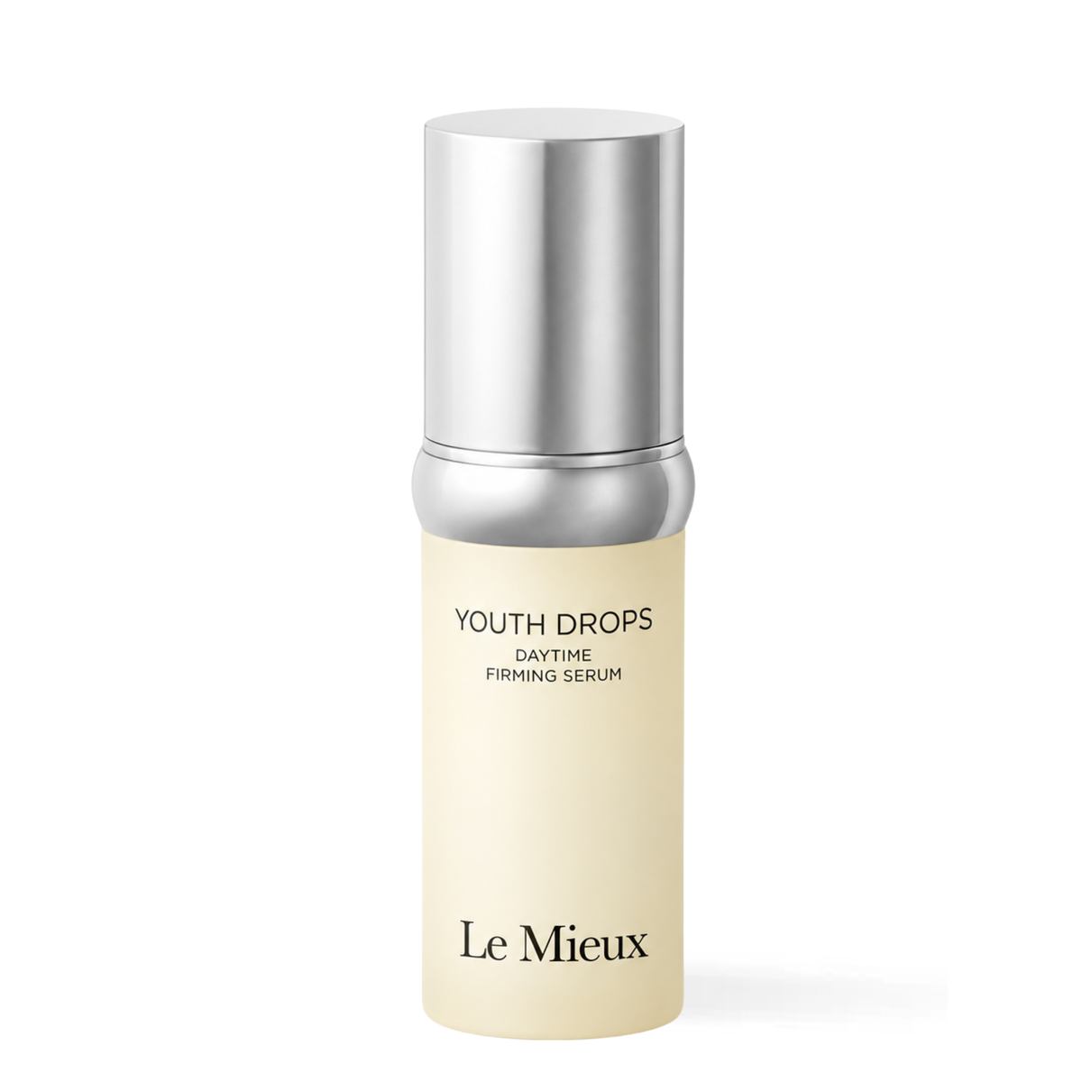 Le Mieux Youth Drops Daytime Firming Serum in a cylindrical bottle with a cream-colored body and a metallic silver cap, shown on a plain white background.