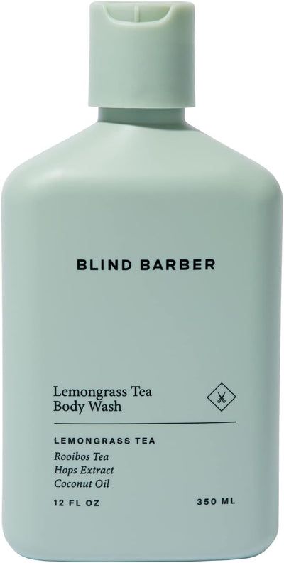 Light blue bottle of Blind Barber Lemongrass Tea Body Wash on a white background
