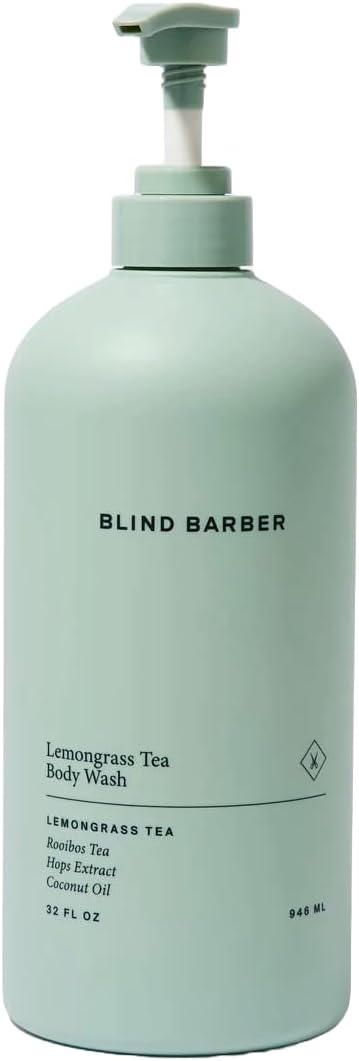 Light green bottle of Blind Barber Lemongrass Tea Body Wash on a white background
