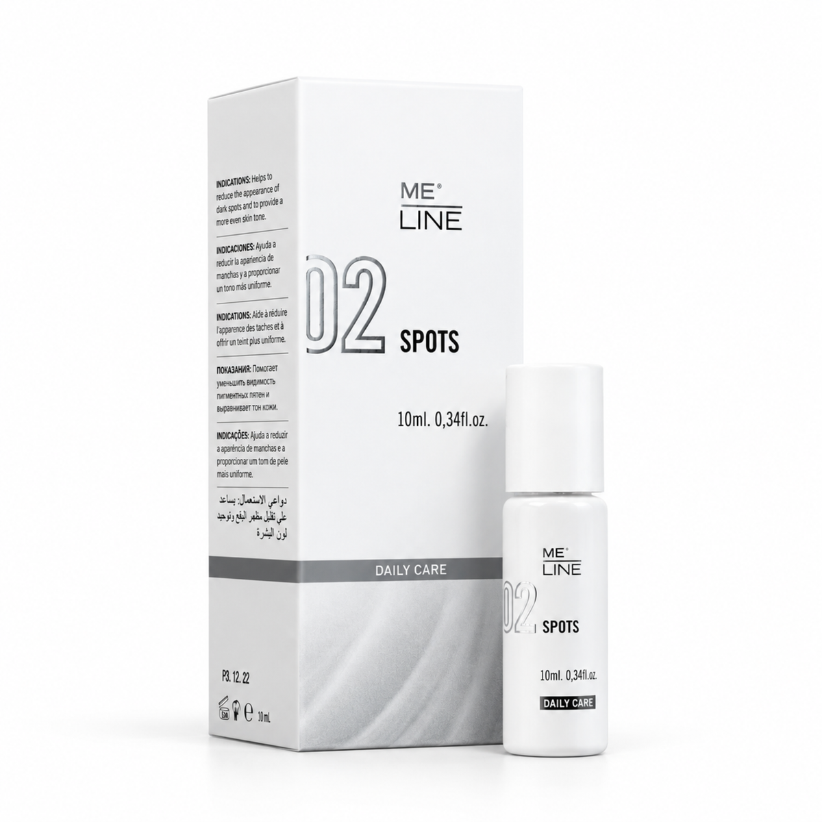 MeLine 02 Spots 10 ml targeted roll-on for localized dark spots on the face and body box