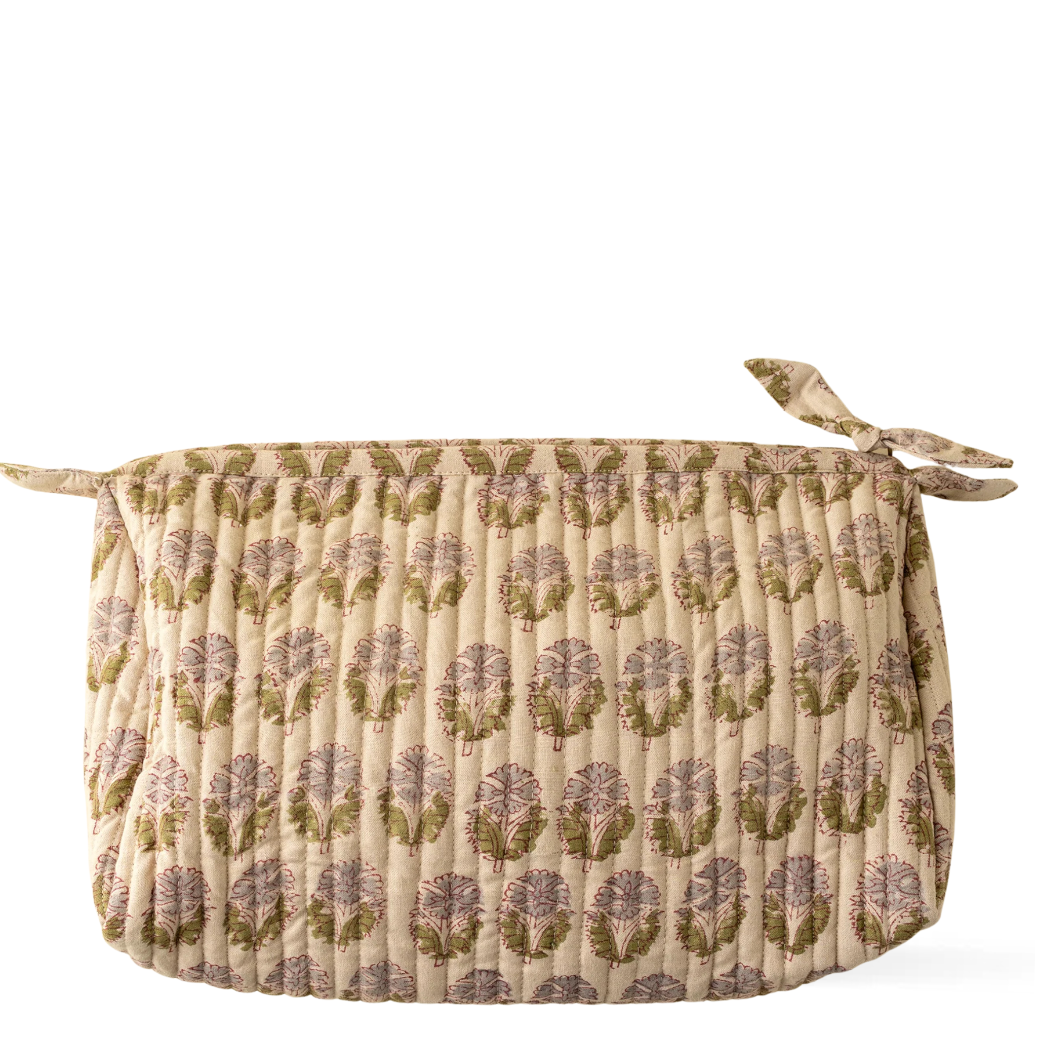 Indaba Nandini large quilted linen-cotton pouch with lavender and moss-green hand block print