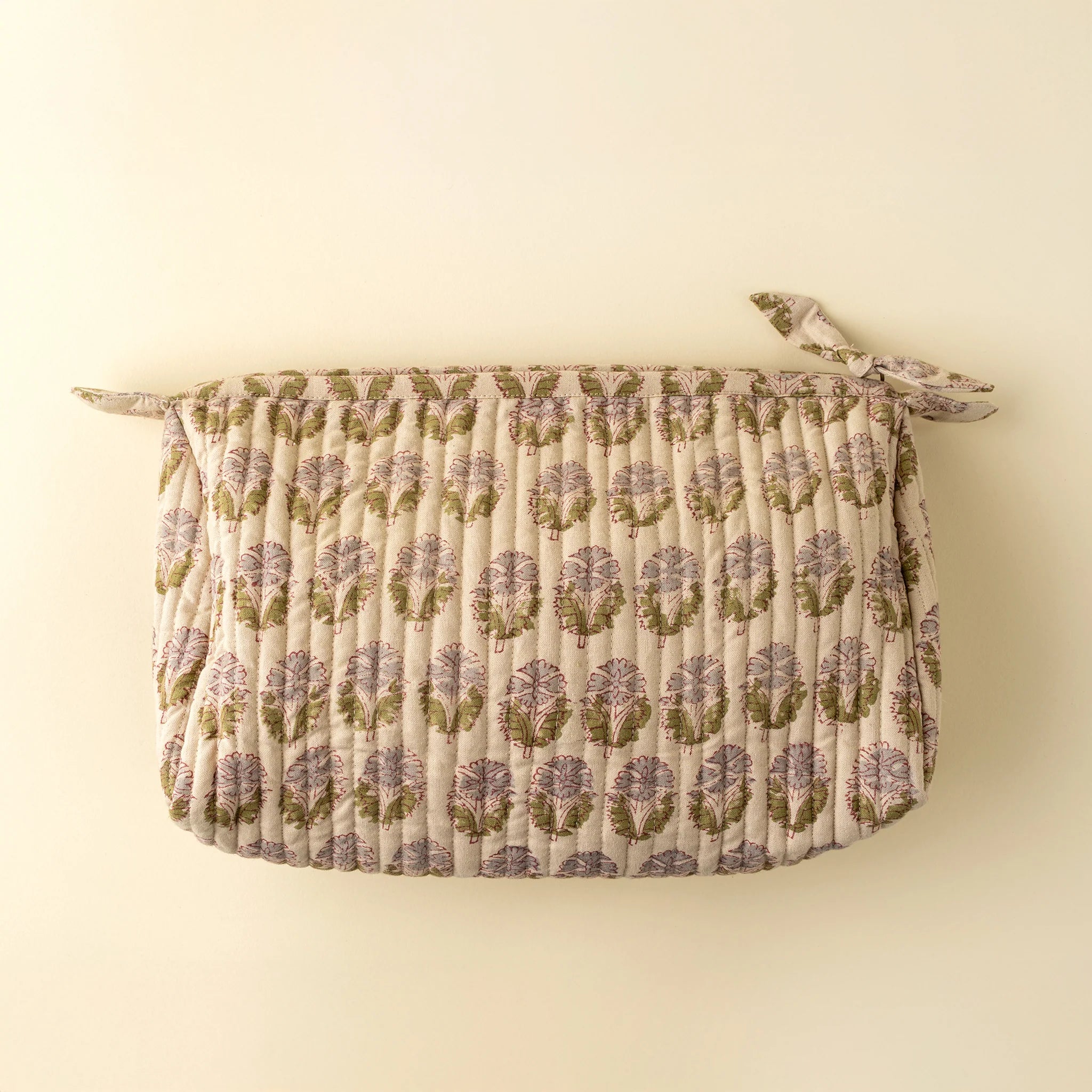 made in canada Indaba Nandini large quilted linen-cotton pouch with lavender and moss-green hand block print