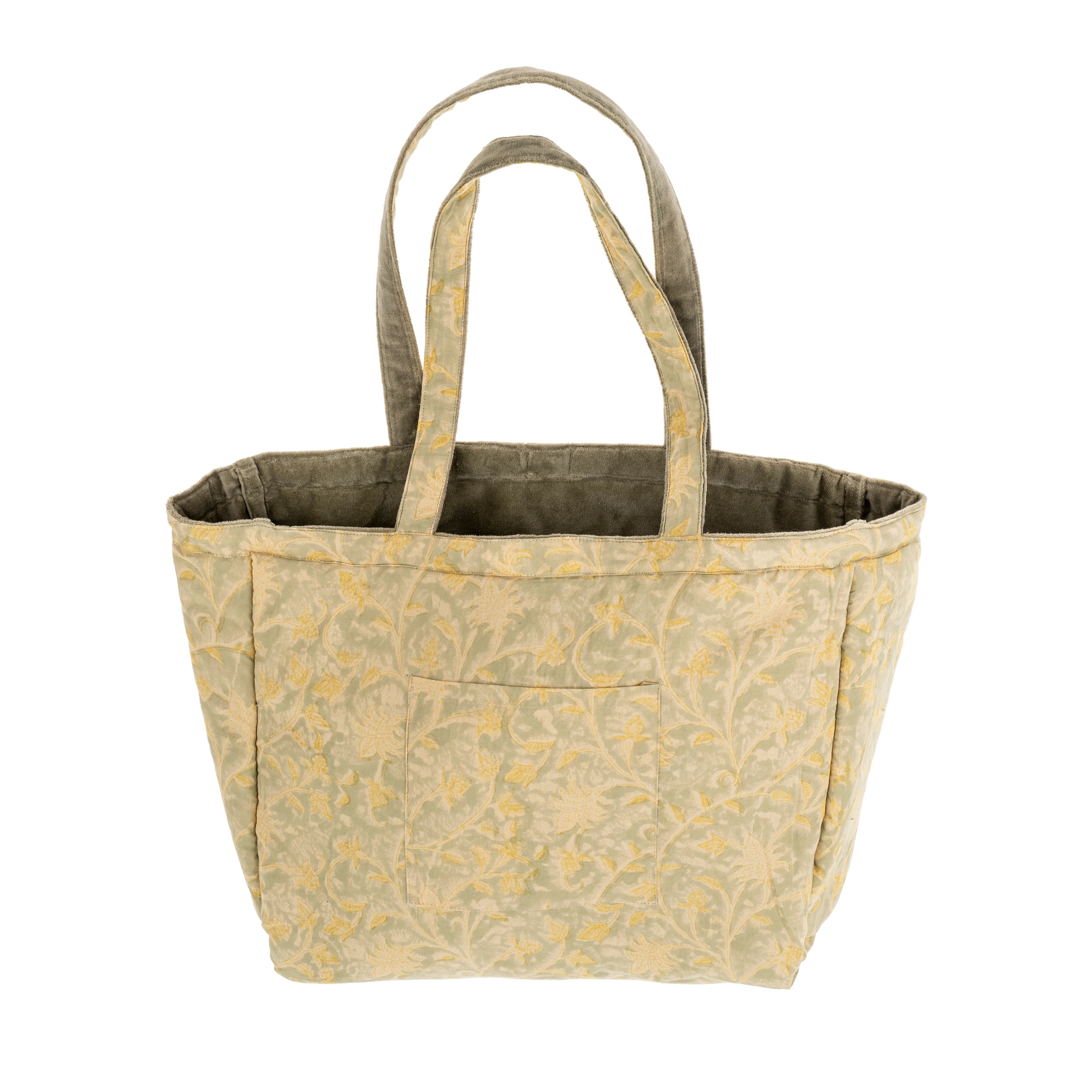 Indaba Block Print Velvet Reversible Tote in cypress green with contrasting printed cotton side