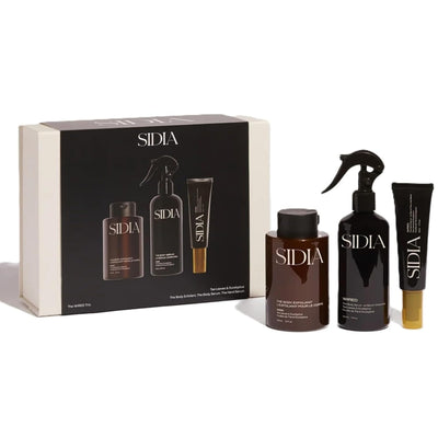 SIDIA skincare product set including bottles and a box on a white background
