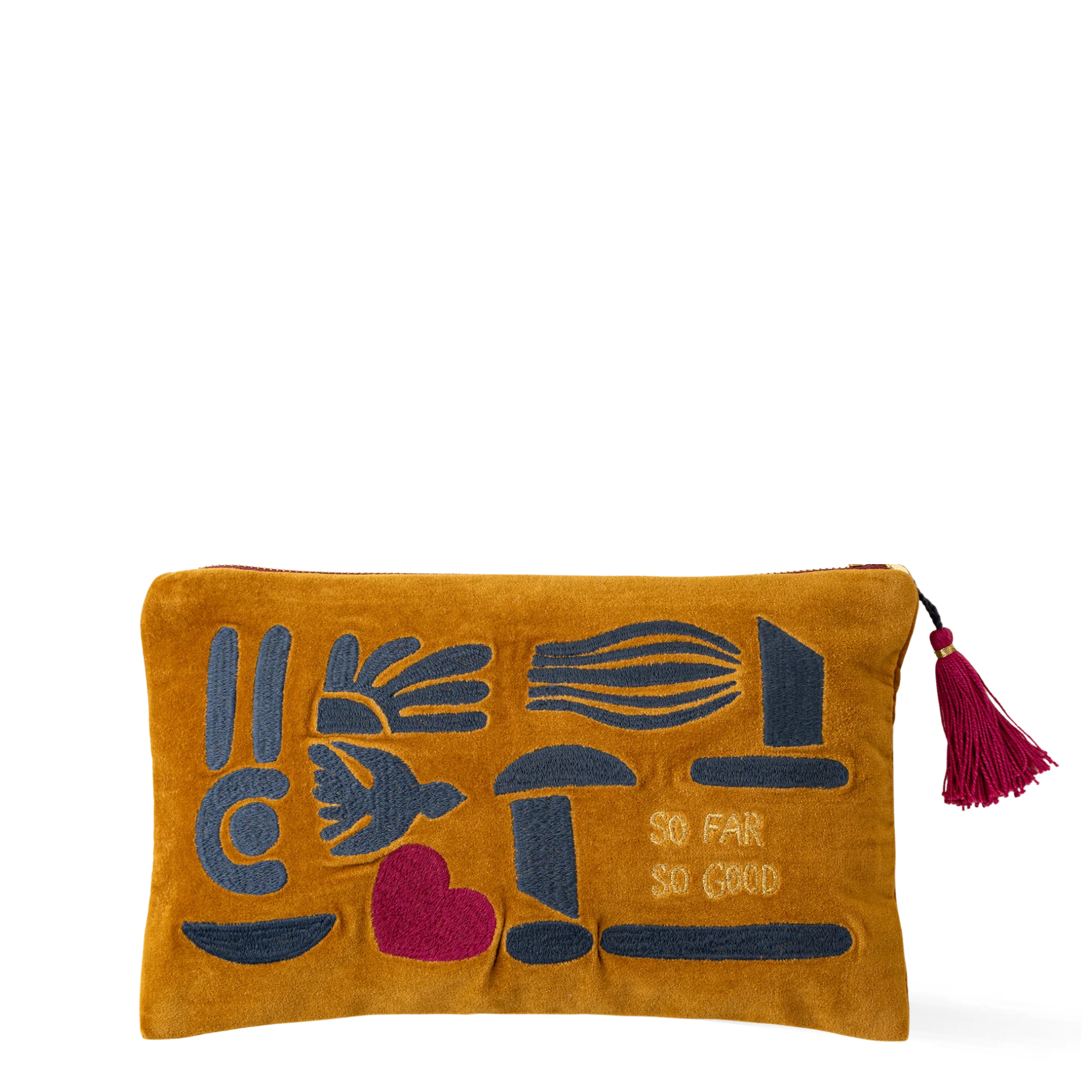 Indaba Spring Silhouettes cotton velvet pouch with colourful embroidery, tassel zipper and so far so good lettering