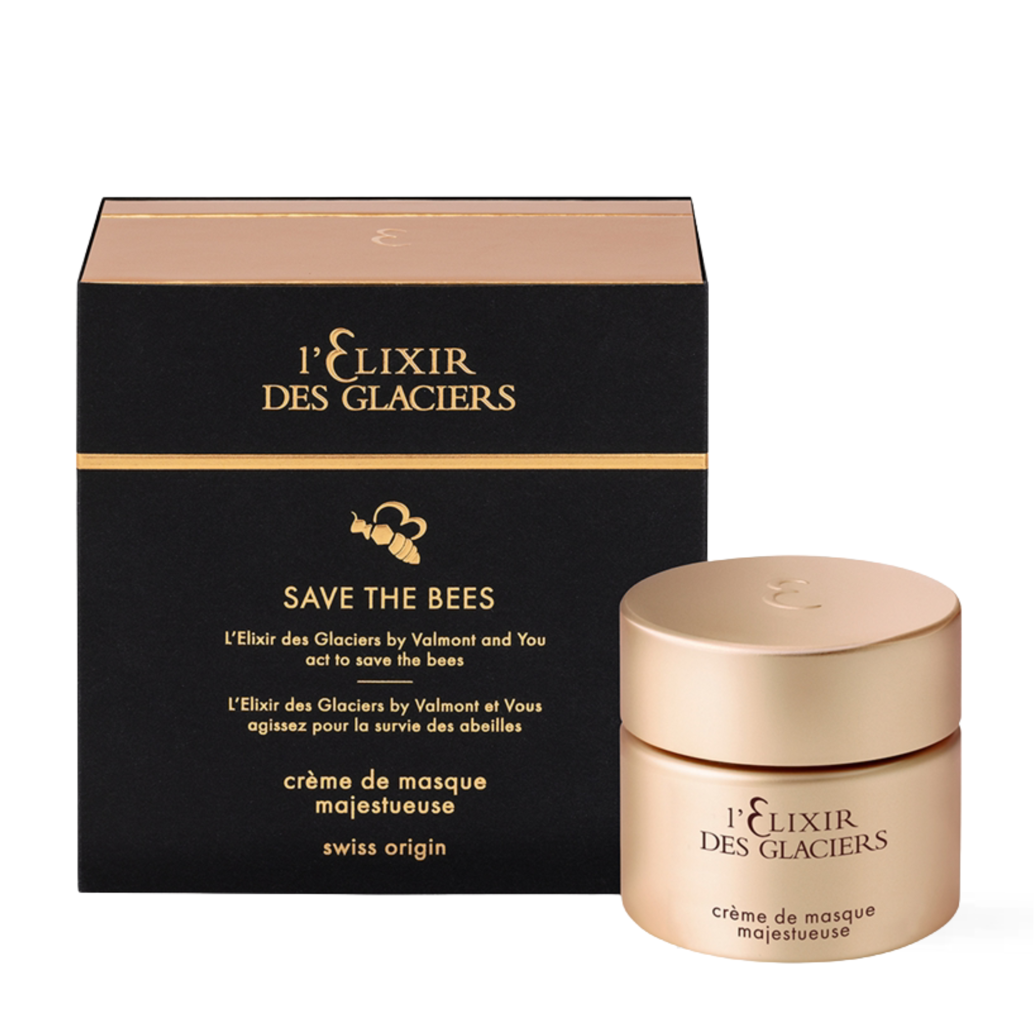 L'Elixir des Glaciers Save the Bees facial mask cream shown with its black and gold outer box and a gold-toned jar on a white background.
