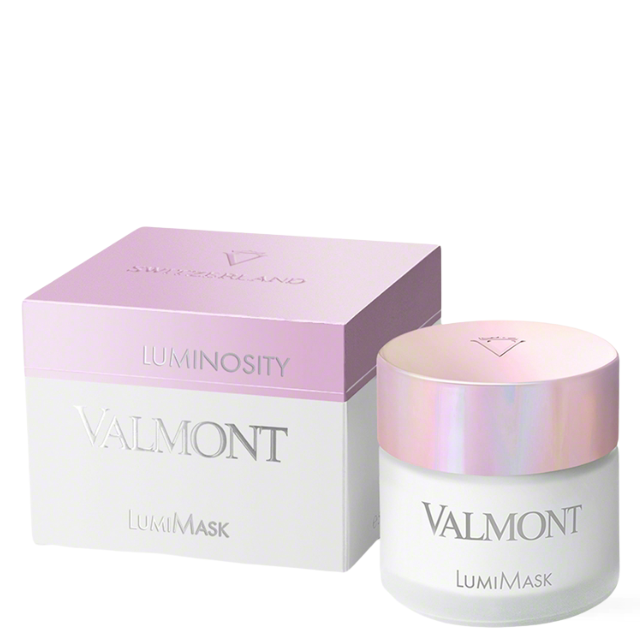 Valmont LumiMask luminosity skincare set featuring a white and light pink box alongside a frosted white jar with a metallic pink lid, on a clean white background.