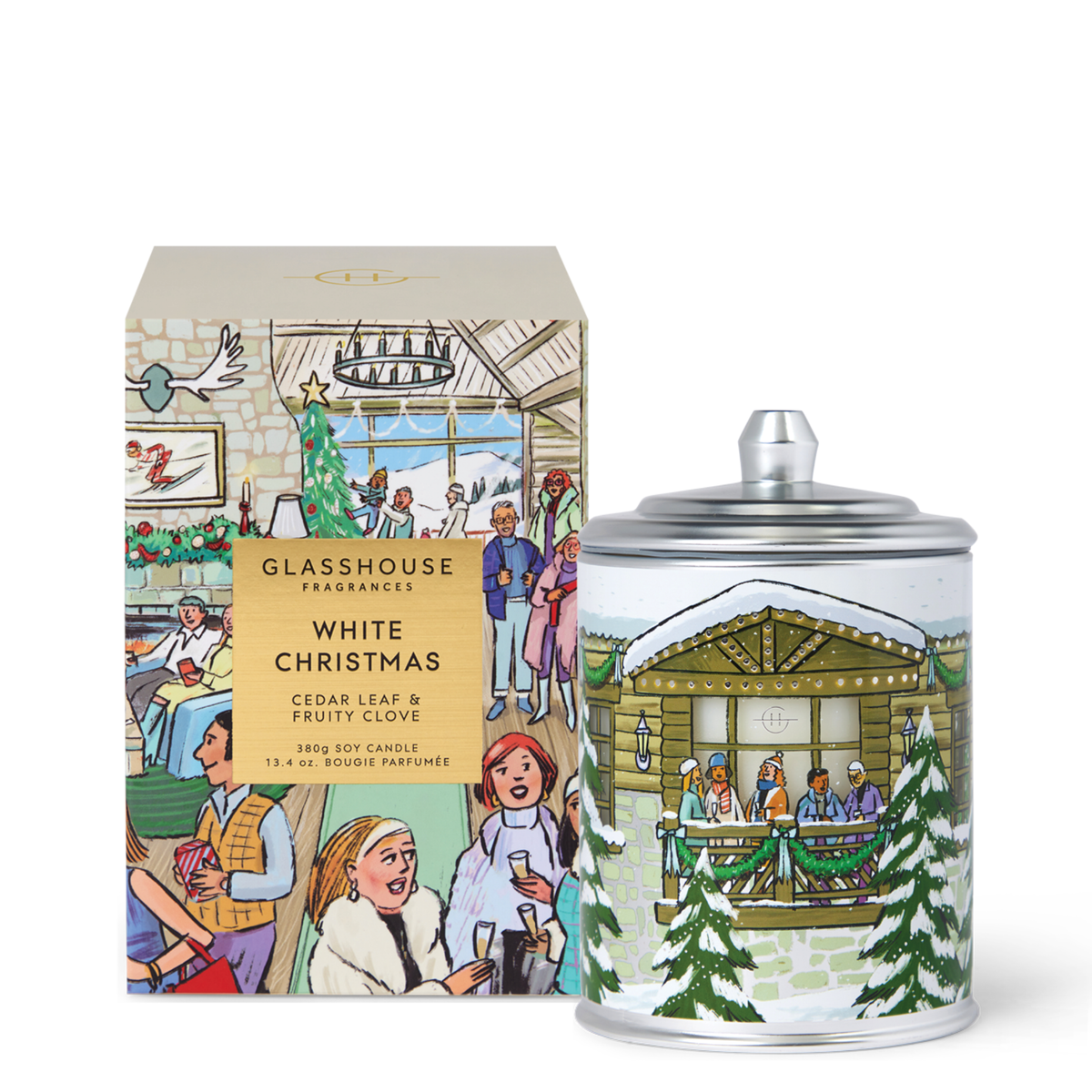Glasshouse Fragrances White Christmas 380 g candle in the Cedar Leaf & Fruity Clove scent.