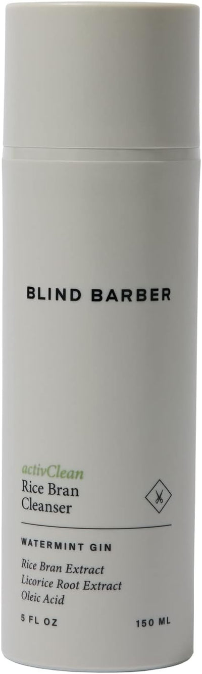 White bottle of Blind Barber Rice Bran Cleanser with text on a white background