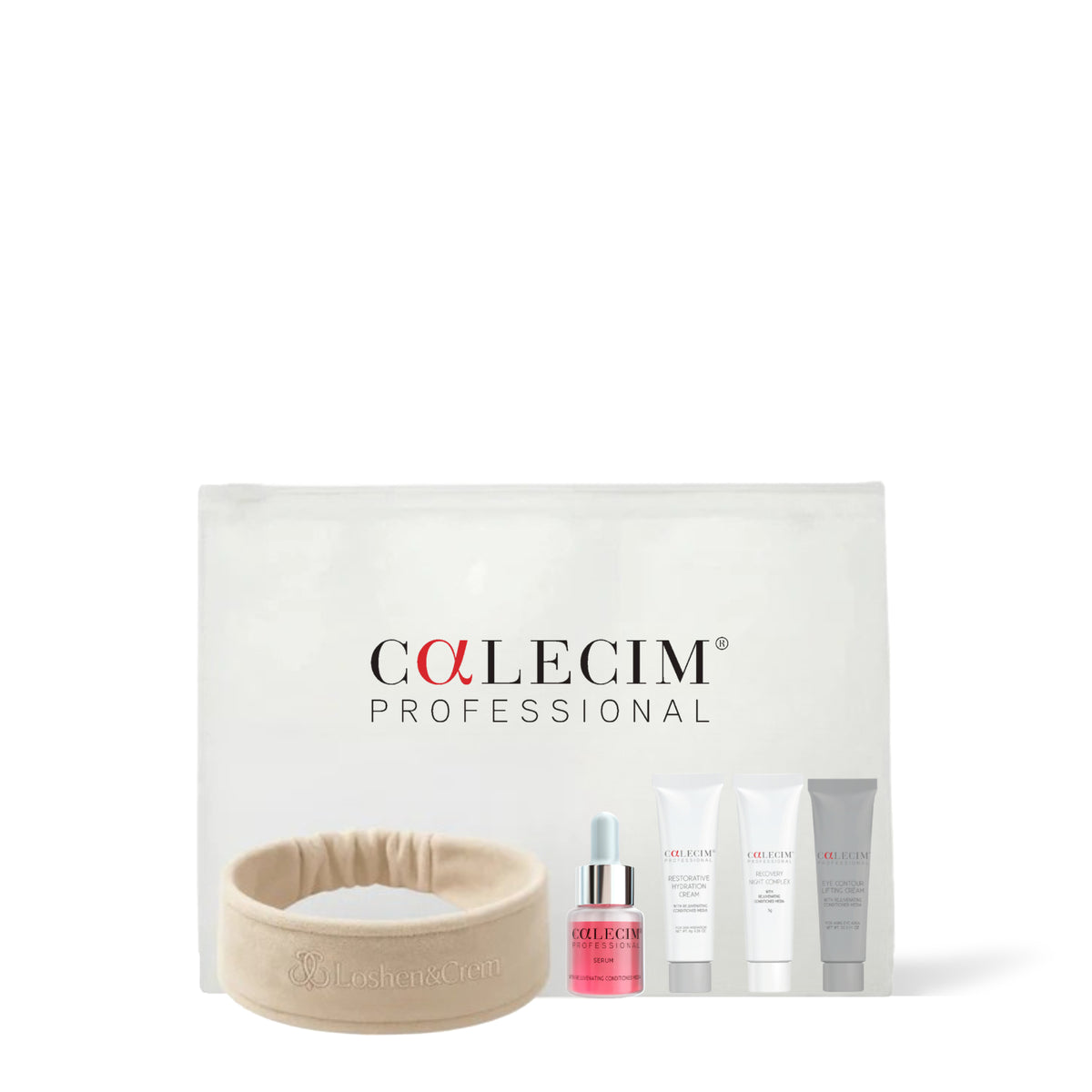 Calecim Professional Discovery Set with Eye Contour Lifting Cream: clear pouch, headband, serum and travel-size tubes, on a white background