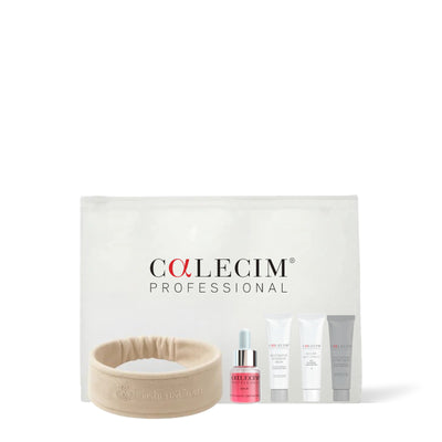 Calecim Professional Discovery Set with Eye Contour Lifting Cream: clear pouch, headband, serum and travel-size tubes, on a white background