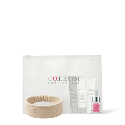 Calecim Professional Discovery Set with Multi-Action Cream: clear pouch, headband, serum and travel-size tubes, on a white background
