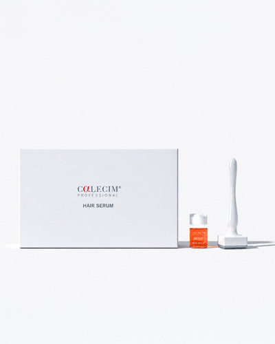 Calecim Professional Advanced Hair Elixir kit: white Hair Serum box, a 5 ml bottle of pink serum and the white Activator