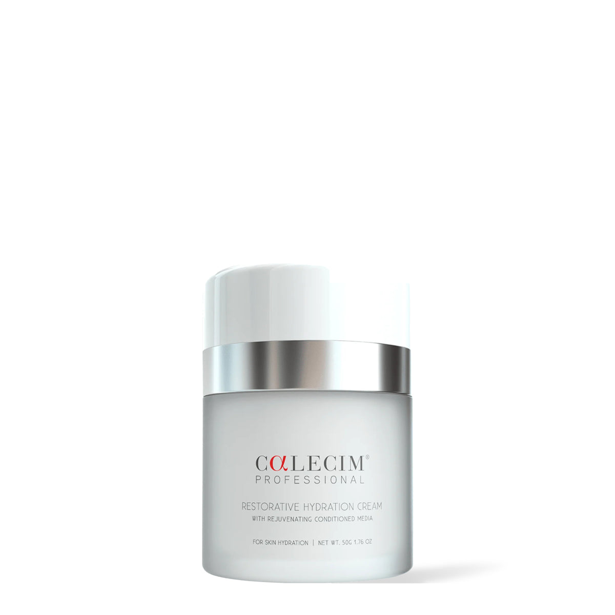 Calecim Professional Restorative Hydration Cream 50 g, frosted jar with white lid and silver band, on a white background