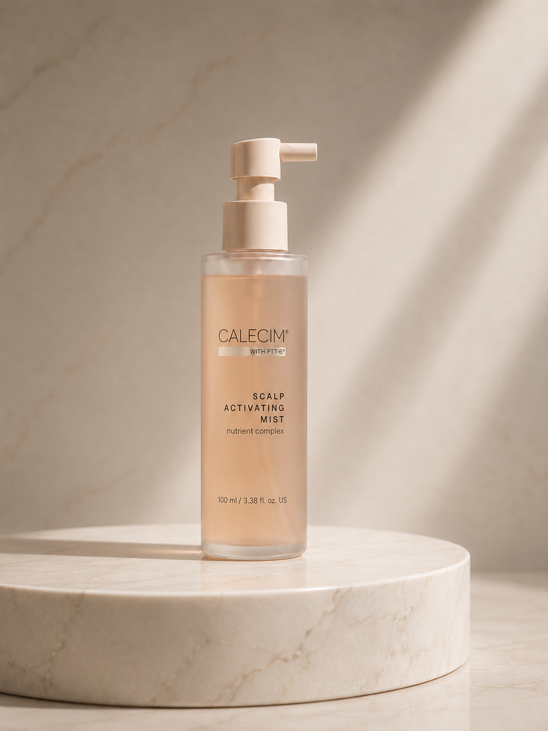 Calecim Professional Scalp Activating Mist 100 ml on a round marble podium in sunlight