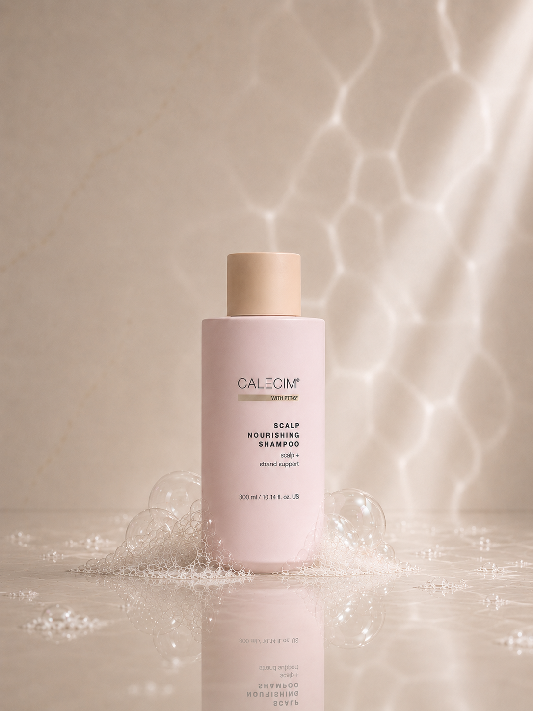 Calecim Professional Scalp Nourishing Shampoo 300 ml on a marble surface with water splashes and sunlight