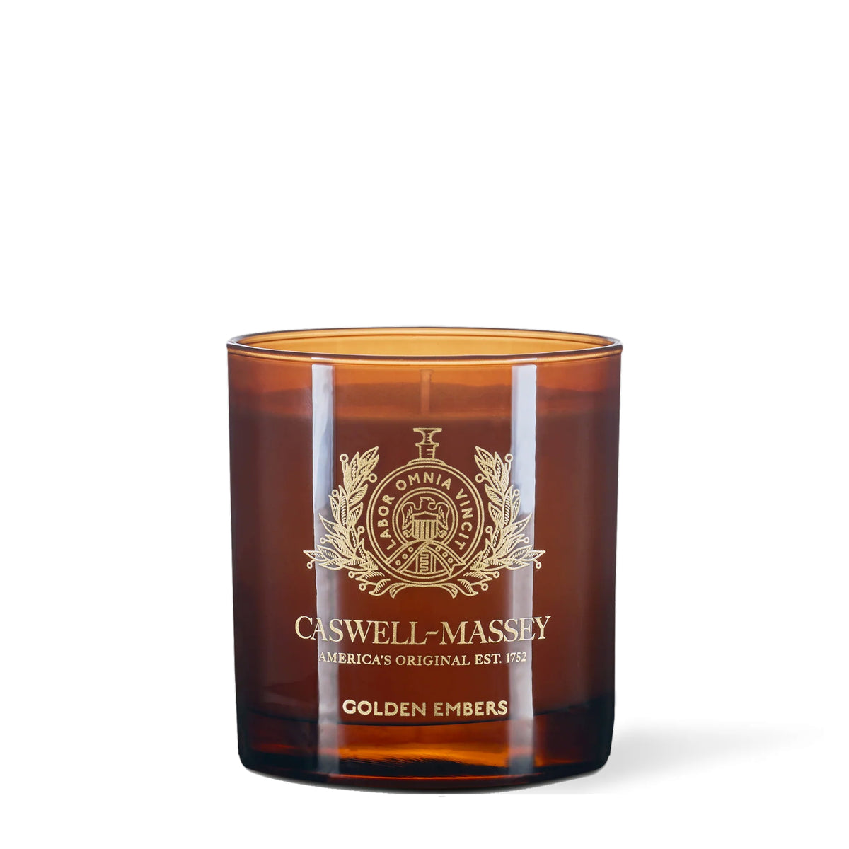 Caswell-Massey Golden Embers Candle, 8 oz amber glass candle with gold crest