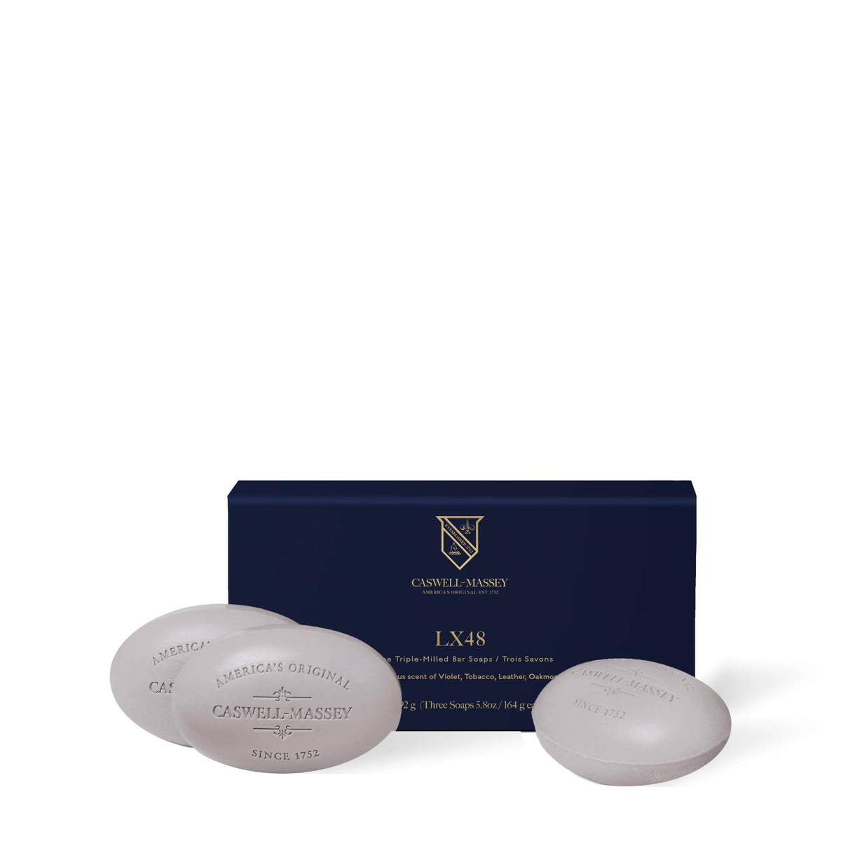 Pain de savon LX48 Caswell-Massey, ensemble de trois pains de savon avec coffret bleu marine