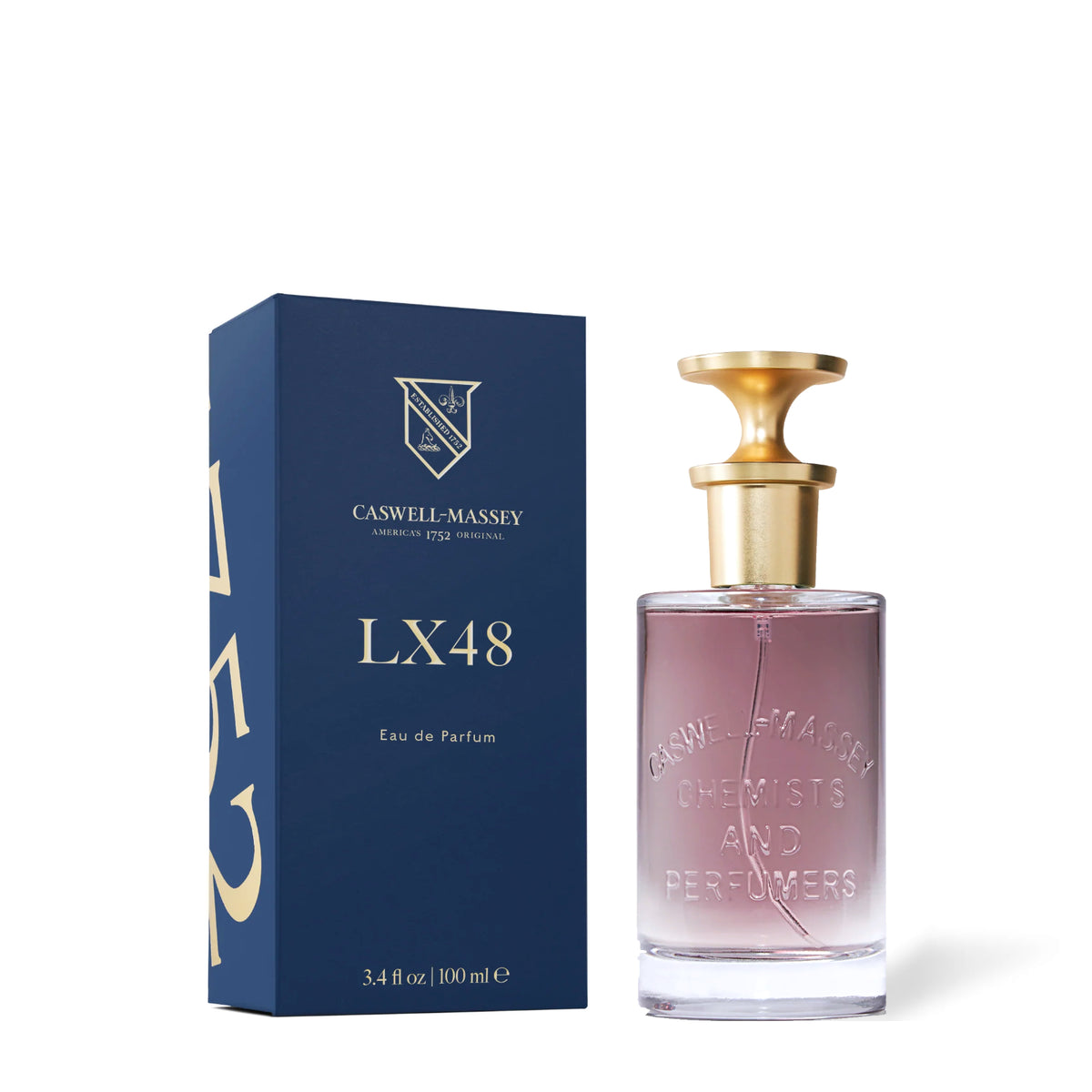 Caswell-Massey LX48 Eau de Parfum, 100 ml bottle beside its navy blue box