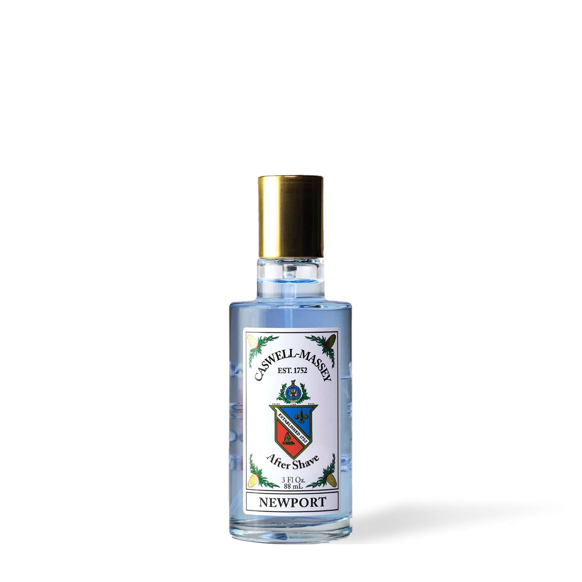 Caswell-Massey Newport Aftershave, 88 ml bottle of pale blue liquid with crest label