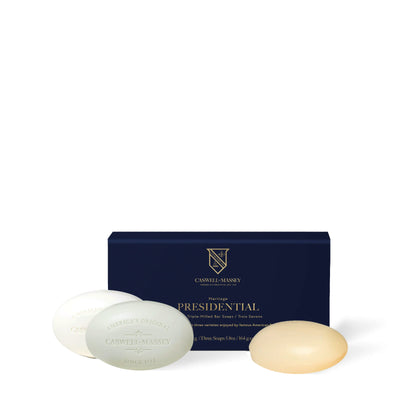 Caswell-Massey Presidential Soap Set, navy gift box with three bar soaps: Number Six, Jockey Club and Almond