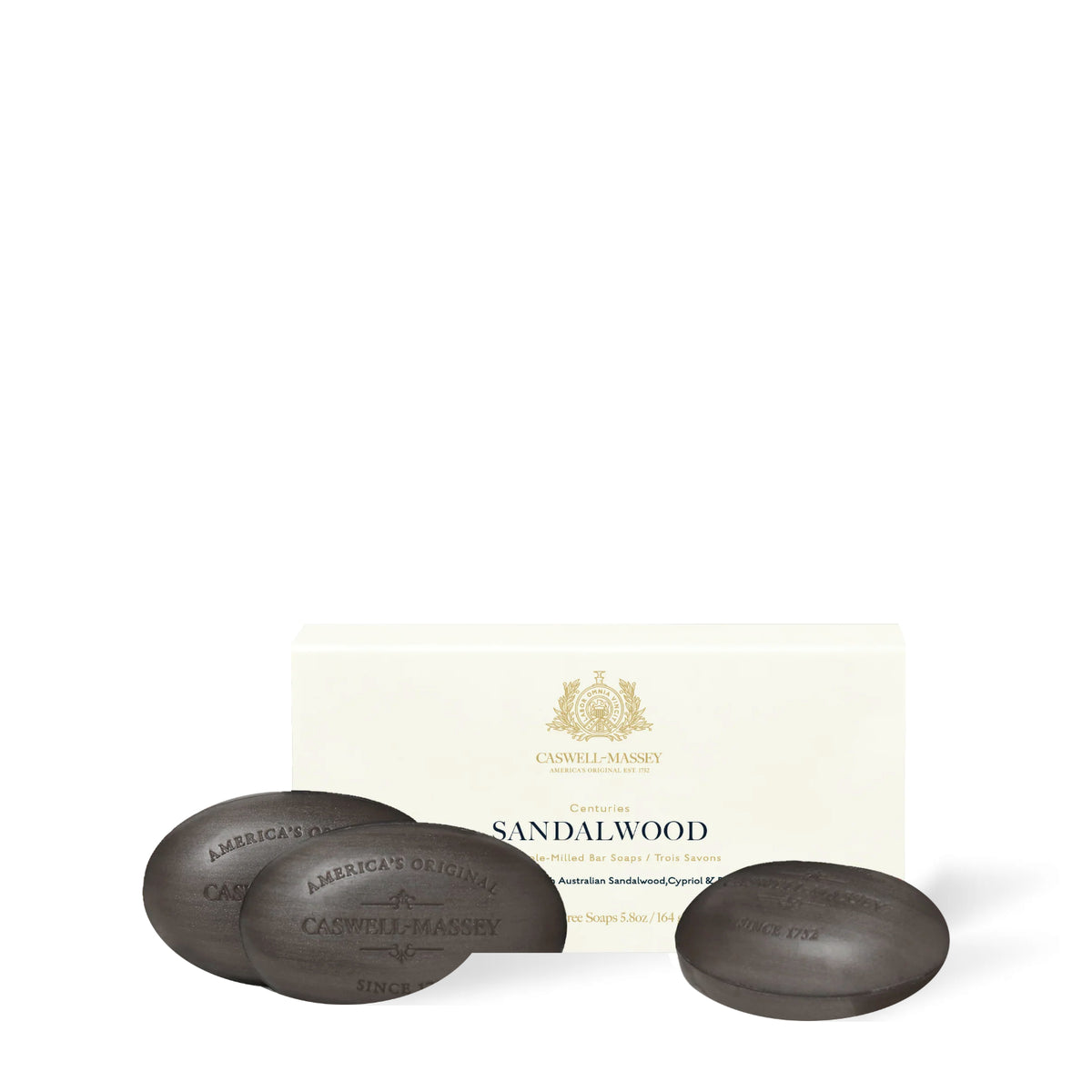 Pain de savon Sandalwood Caswell-Massey, ensemble de trois pains de savon avec coffret crème
