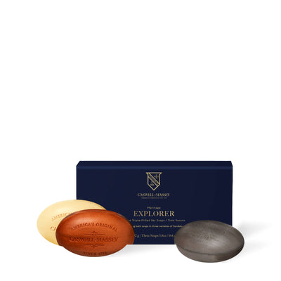 Caswell-Massey Sandalwood Explorer Soap Set, navy gift box with 2571, Woodgrain Sandalwood and Centuries Sandalwood bar soaps