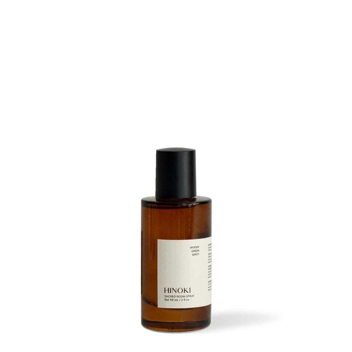 Cedar and Myrrh Hinoki Sacred Room Spray 59 ml, amber glass spray bottle with black cap, on a white background