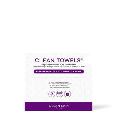 Serviettes pour le visage Clean Towels Vieillissement en santé Clean Skin Club, paquet de 10 à bande violette, sur fond blanc