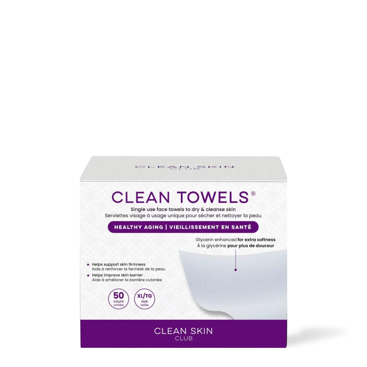Serviettes pour le visage Clean Towels Vieillissement en santé Clean Skin Club, boîte de 50 à bande violette, sur fond blanc