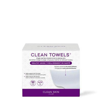 Serviettes pour le visage Clean Towels Vieillissement en santé Clean Skin Club, boîte de 50 à bande violette, sur fond blanc