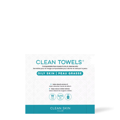 Serviettes pour le visage Clean Towels Peau grasse Clean Skin Club, paquet de 10 à bande turquoise, sur fond blanc
