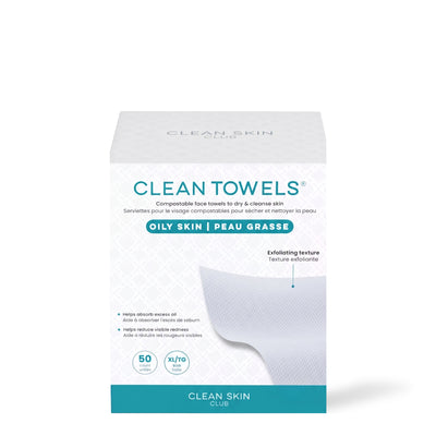Serviettes pour le visage Clean Towels Peau grasse Clean Skin Club, boîte de 50 à bande turquoise, sur fond blanc