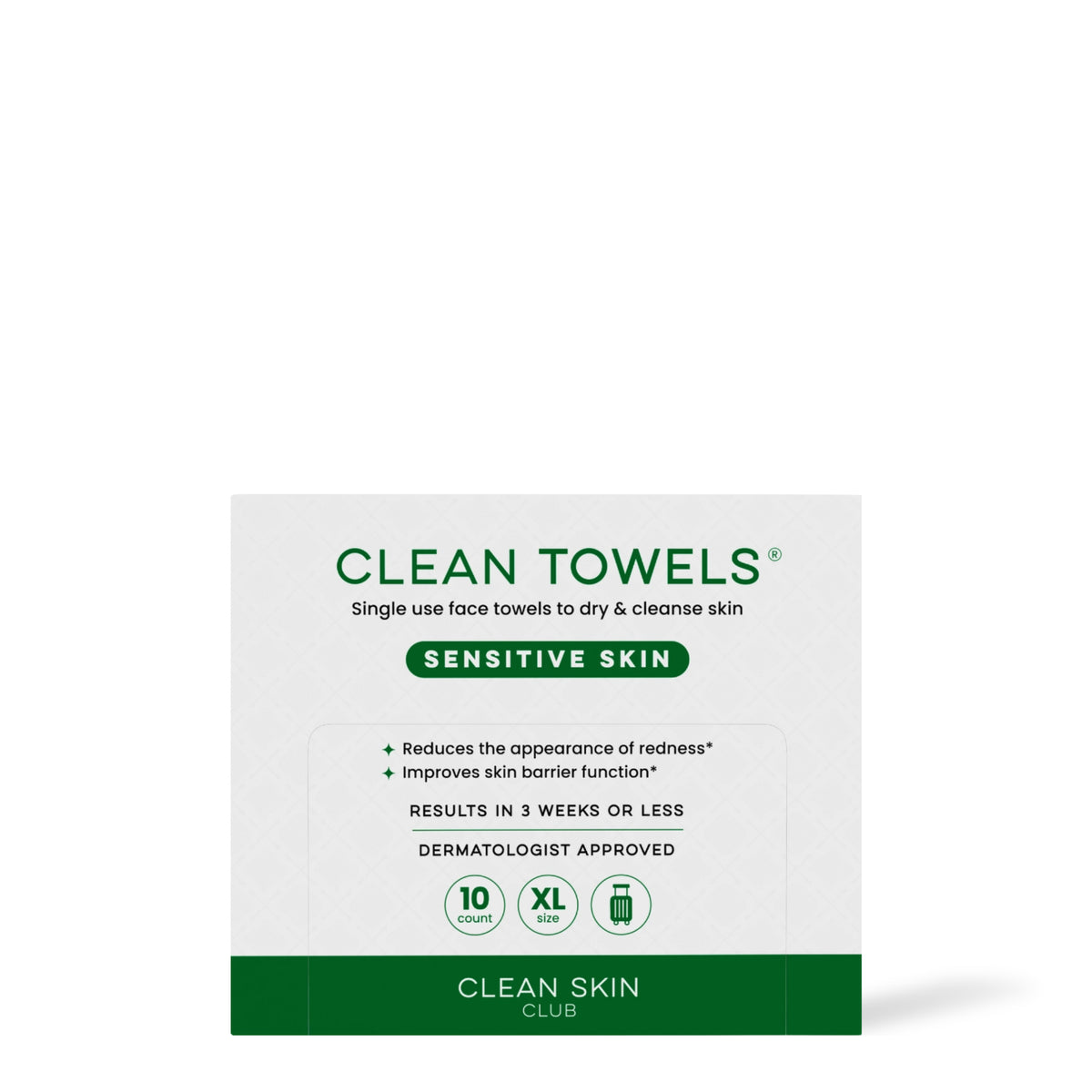 Serviettes pour le visage Clean Towels Peau sensible Clean Skin Club, paquet de 10 à bande verte, sur fond blanc