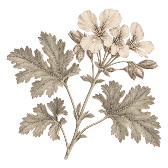 Delicate beige and grey pencil illustration representing the Geranium scent note.