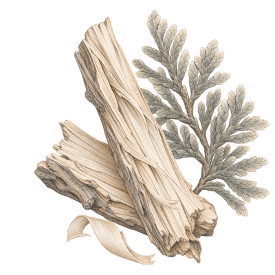 Delicate beige and grey pencil illustration representing the Hiba Wood scent note.