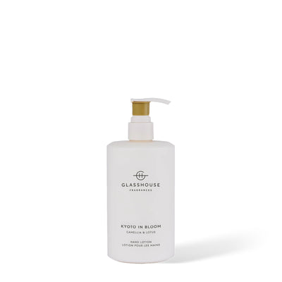 Glasshouse Fragrances Kyoto in Bloom hand lotion, 450 ml, on a white background